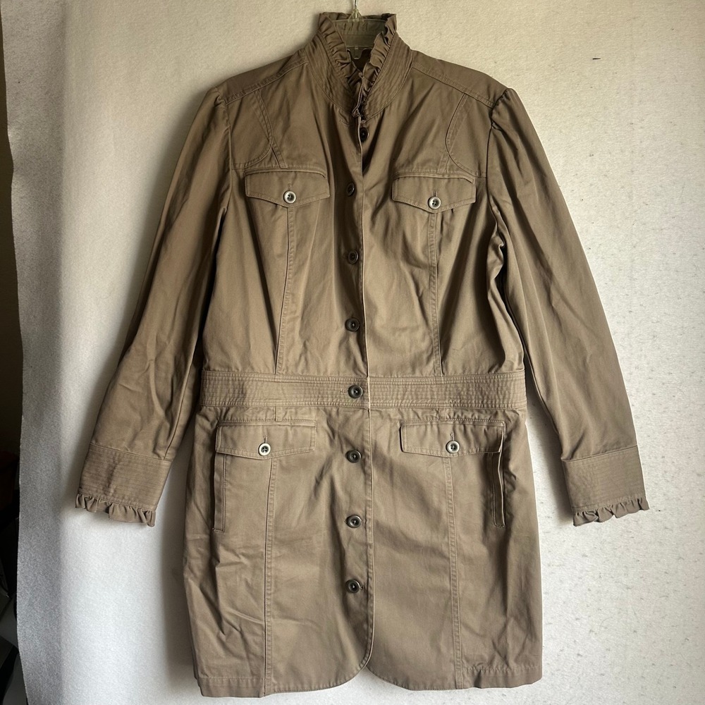 Eddie Bauer Womens Khaki Ruffle Trim Field Jacket Tan Cotton Utility Coat XL